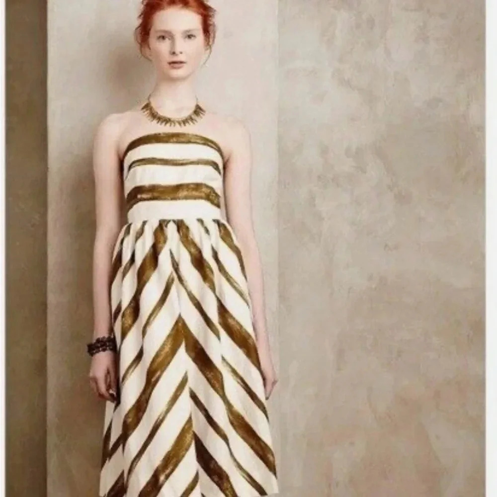 Anthropologie‎ Moulinette Soures Size 10 Paint Stripe Midi Spaghetti/ Strapless